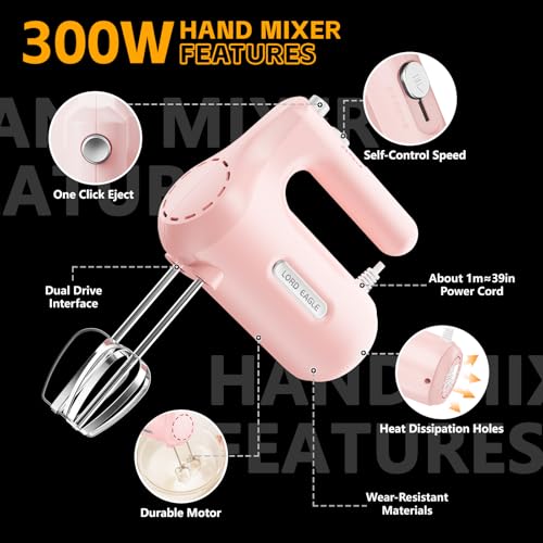 Image of Lord Eagle 5-Speed Small Hand Mixer Electric, 300W Compact Portable, Pink