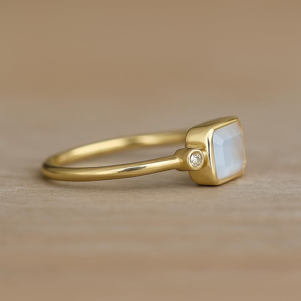 Rectangle Moonstone Ring for Women 14k Yellow Gold Dainty Minimalist Ring with Diamond Accents June Birthstone Jewelry Gift