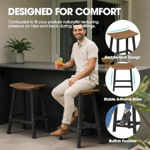 Image of Ciokea 2 Set 29 inch Outdoor Bar Stools, Heavy Duty HDPE Outdoor Stools Weatherproof Waterproof Patio Seats Modern Bar Height Tall BarStools for Bar Deck Balcony Kitchen Yard, Black and Teak
