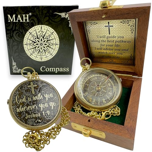 Handmade Religious Compass – “God is with You” Engraved Working Brass Gift – Christian Baptism, Confirmation, Christening or First Communion Keepsake for Boys, Teens & Men – Guided by Faith