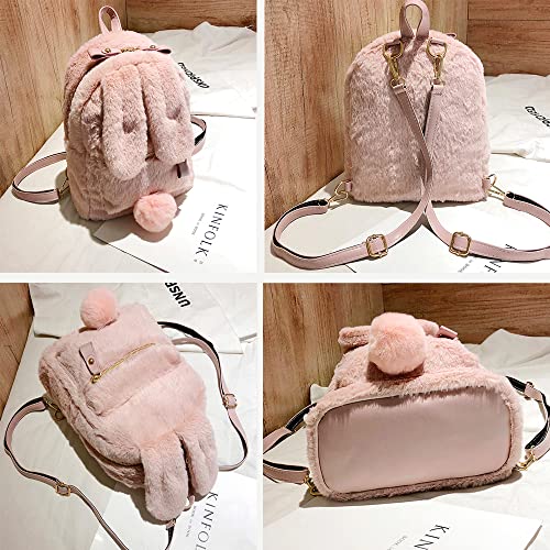 Image of Women Cute Rabbit Ears Backpack Fluffy Shoulder Bag School Bag Satchel