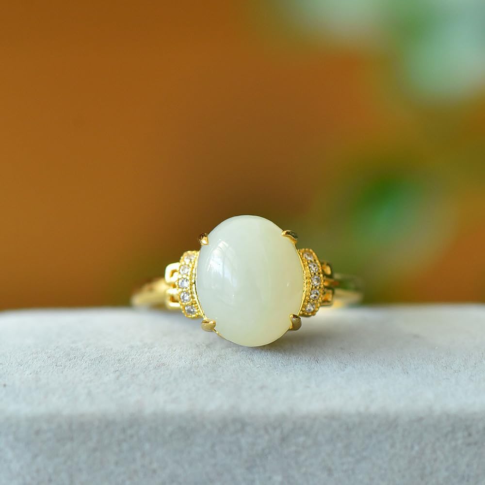 HMJGDHX S925 Silber vergoldeter ovaler Ring aus natürlicher weißer Hetian-Jade (verstellbare Öffnung) 7 für echte Damen