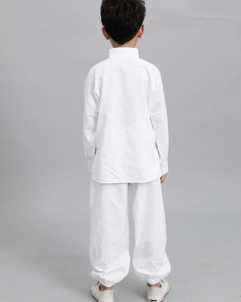 Unisex Bambino Uniforme Kung Fu Abiti da Arti Marziali Tai Chi Maniche Lunghe 2 Pezzi Bianco 140