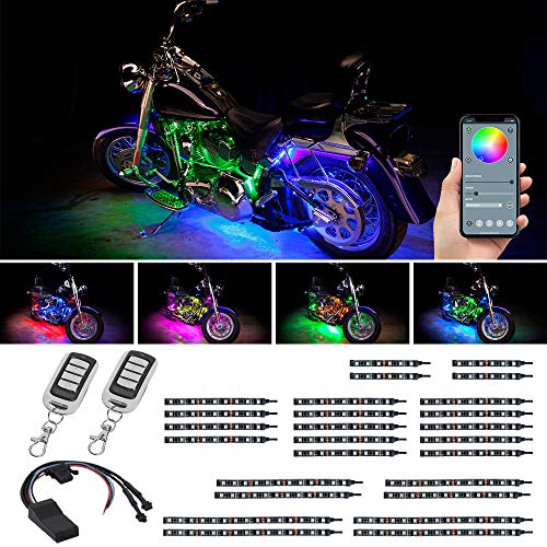 LEDGlow 26pc Bluetooth Advanced Million Color LED Motorcycle Accent Underlow Lighting Kit - Smartphone App - Dual Zone & Brake Lights Feature - Waterproof Control Box - Multi-Color Flexible Strips