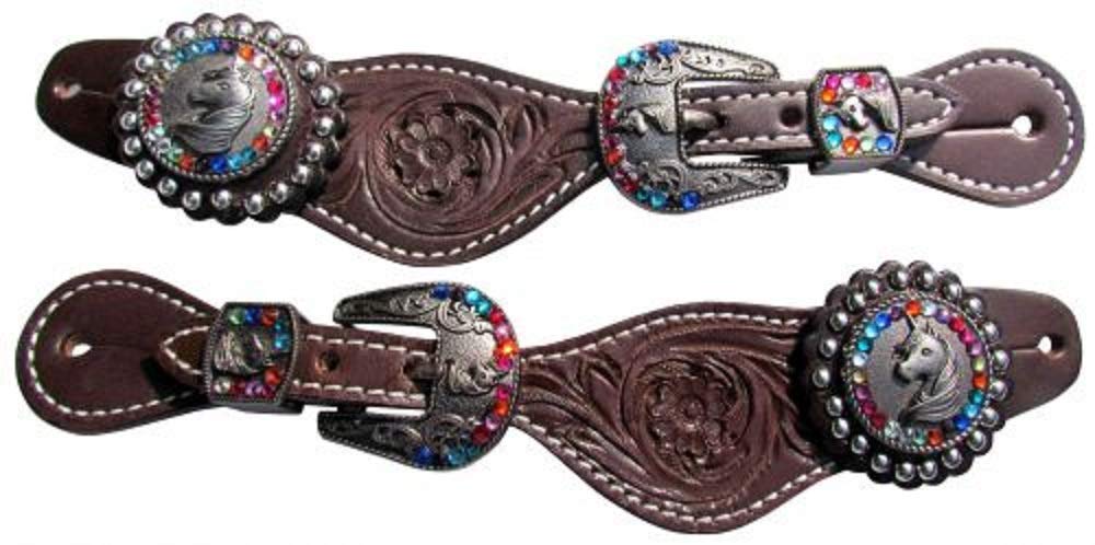 Showman Sporenriemen für Jugendliche, dunkles Ölmuster, eingraviert, Einhorn-Strass, Conchos, Leder