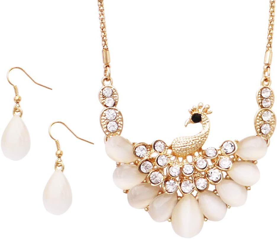 Rosemarie Collections Women's Stunning Resin Pearls And Glittering Crystal Rhinestones Peacock Necklace With Earrings Gift Set, 16"+3" Extender