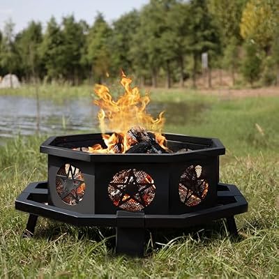 Verdeluxe 43 Inch Octagonal Fire Pit with Cooking Grill,Outdoor Wood Burning Fire Pit for Camping Outside Picnic Bonfire,Heavy Duty Firepit for Backyard Garden Patio