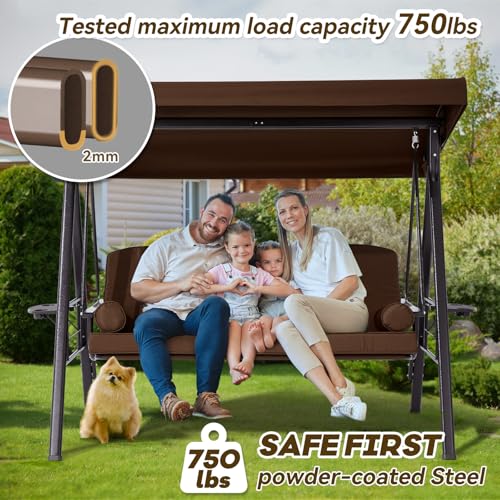 Image of 3 in 1 Outdoor Porch Swing with Canopy, 3 Seat Outdoor Swing for Adults, Patio Swing Chair with Thickened Cushions,Pillows & Cup Holders for Backyard, Porch, Garden (Brown)