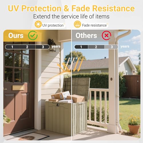 Image of Greesum Outdoor Storage Box 31 Gallon Storage Box with Lid for Patio Furniture, Garden Tools, Pool Supplies, Waterproof and UV Resistant, Lockable, Light Coffee