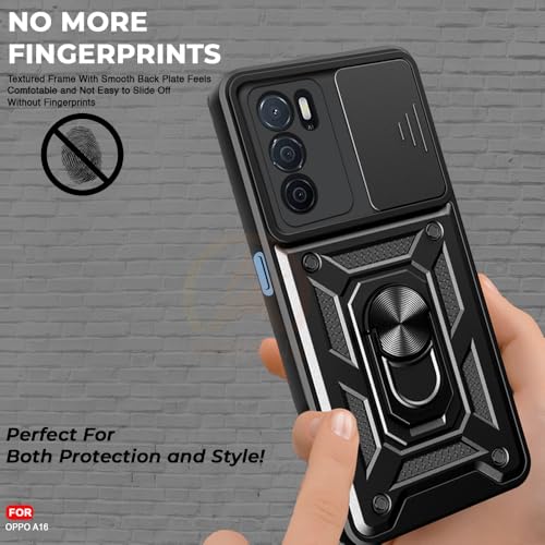 Image of Armor Bumper Back Cover Case for Oppo A16 Rotating Camera Cover, Ring Holder & Kickstand | Heavy Duty & 360 Degree Protection Oppo A16 Back Cover (Black)