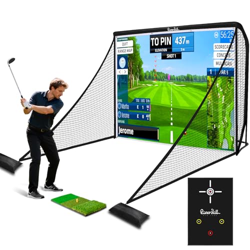 Golf Hitting Net, 10x7ft Golf Simulator Practice Net with Impact Screen, Auto Ball Return, Mat, Target Cloth, Side Net for Chipping Driving Backyard Garage Indoor Outdoor