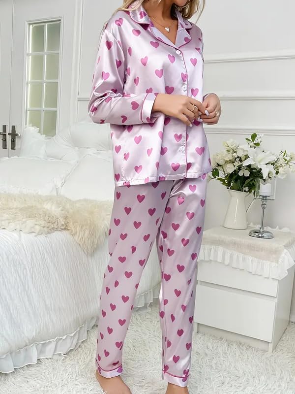 Image of Night Suit for Women with Full Sleeve Button-Down Top with Pant Dress for Woman,Night Dress for Woman, Two-Piece Loungewear Set