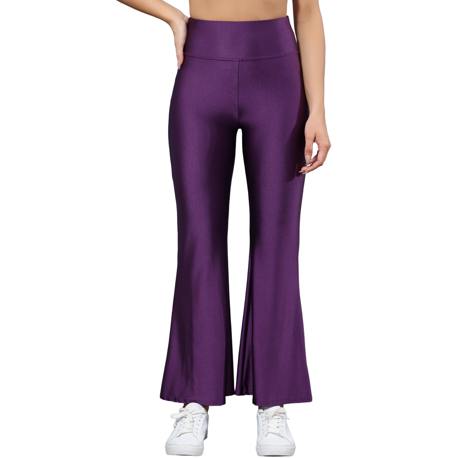 Sghenr Women's Shiny High Waisted Flare Yoga Pants Tummy Control Wide Leg Casual Workout Leggings