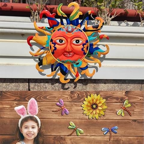 XIUDEEN Set of 5 Flower & Dragonfly Metal Wall Art+Metal Sun Face Wall Decor Cover