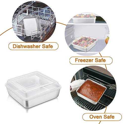 Image of TeamFar 6 x 6 Inch Square Cake Pan, Stainless Steel Square Baking Pan with Lid for Brownie Lasagna, Non-Toxic & Heavy Duty, One-Piece & Smooth, Dishwasher Safe & Easy Clean (2 Pans + 2 Lids)