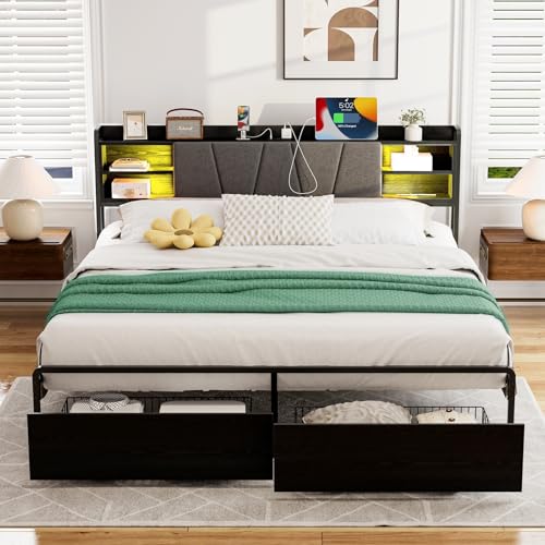 KZNGK California King Bed Frame with Storage Headboard and Charging Station, Metal Platform Bed with 2 Drawers and LED Light, Large Underneath Space, No Box Spring Needed, No Noise, Black
