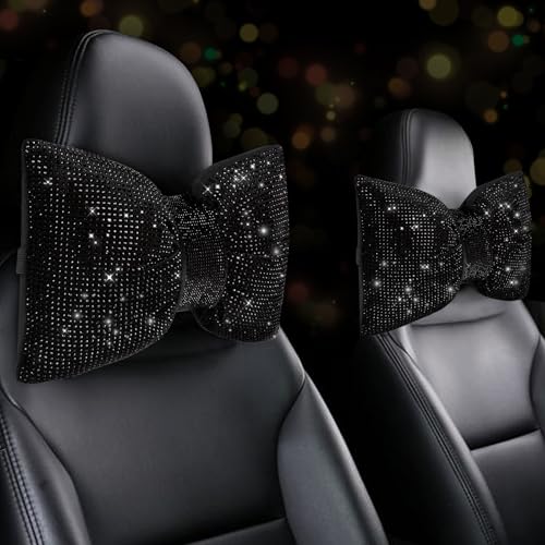 2 PCS Bling Car Pillows,Rhinestones Bowknot Car Headrest Pillow,Car Neck Pillow for Driver Relax Necksupport,Sleeping Travel Support Neck Pillow,Shiny Diamond Interior Accessories for Women,Black