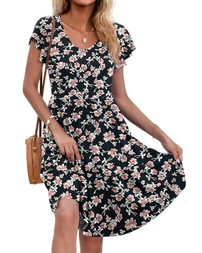 AUSELILY Damen Sommerkleid Rüschen Kurzarm Elegante V-Ausschnitt Kleider Swing Knielanges A-Linie Freizeit Strandkleid Gestuftes Kleider mit Tasche...