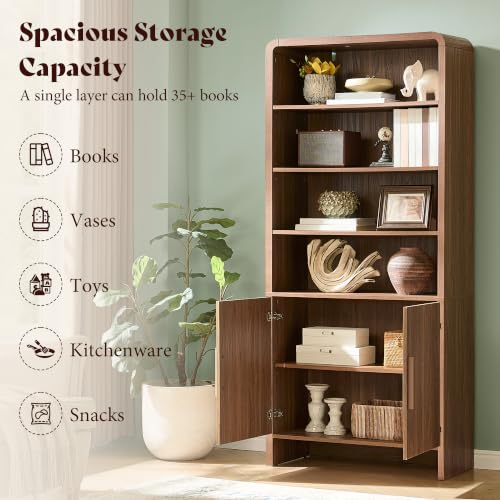 Image of AMERLIFE 71 inch Modern Bookcase Set of 2 with Storage Cabinet, 6-Tier Bookshelf with 3 Adjustable Shelves & Fluted Doors, Wood Curved Display Cabinet for Living Room, Dining Room, Home Office, Brown