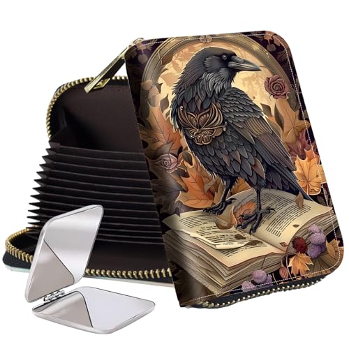 Credit Card Holder Wallet for Women, Credit Card Wallet with Zipper Design and Double-Sided Mirror, Crow Book Card Wallet Women Fashionable, A Lovely Souvenir for Friend