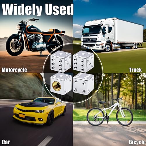 MEAJOO 4PCS Dice Shape Tire Valve Stem Caps, Universal Copper Core Dustproof Tire Valve Stem Covers for Cars, SUV, Trucks, Bikes, Motorcycles, Bicycles(Silver)