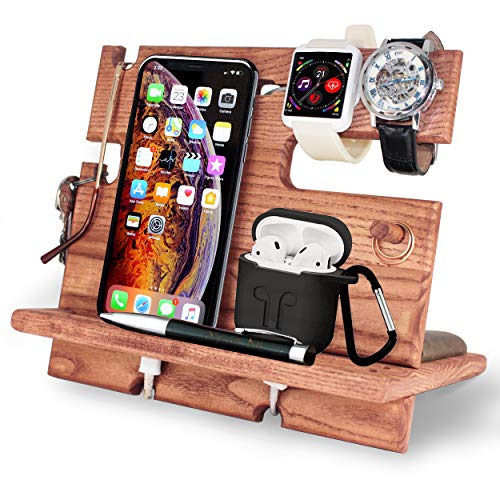 BarvA Wood Docking Station Cell Phone Smartwatch Holder Men Charging Accessory Nightstand Father Mobile Gadget Organizer Desktop Dresser Storage Valet Anniversary Birthday Graduation Gift
