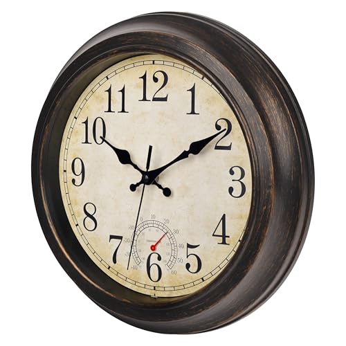 jomparis 30CM Outdoor Wanduhr mit Thermometer Außen wanduhr Wasserdicht und Wetterfest für Garten Terrasse Pool Patio(Bronze)
