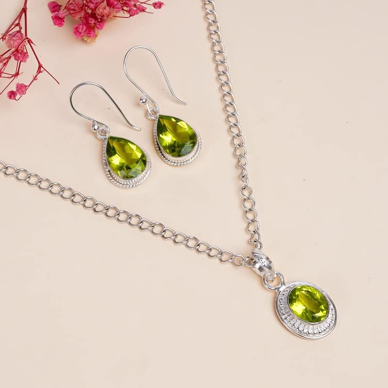 Sterling Silver Teardrop Pendant Necklace & Dangle Earring Sets for women Gemstone And 925 Sterling Silver Pendant Necklace Set