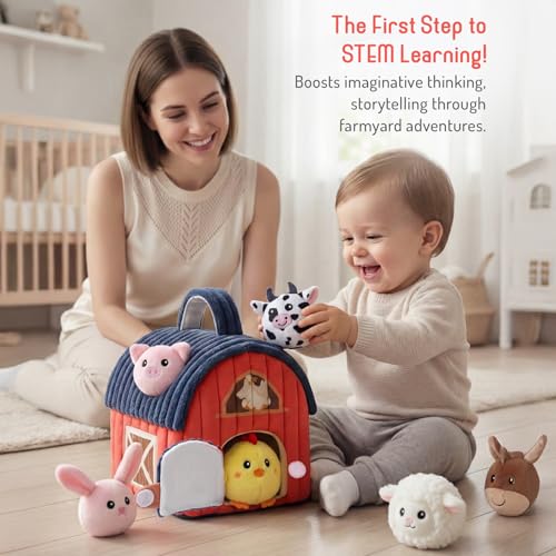 Image of Bonfino Premium Barn House Playset with Carry Handle for Kids, 7 Plush Animal Figurines, Educational Montessori Learning Toy for Toddlers, Soft Pretend Play Set, Birthday Gift for Boys & Girls