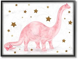 Stupell Industries Pink Dinosaur Gold Stars Kids Design, Designed by Daphne Polselli Wall Art, 11 x 1.5 x 14, Black Framed