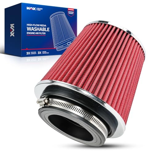 KAX Premium Washable Engine Air Filter, Universal Clamp-On Air Intake Filter, 4-Inch Round Tapered Air Intake Filter, Reusable, High Performance, 3" or 3.5" or 4"