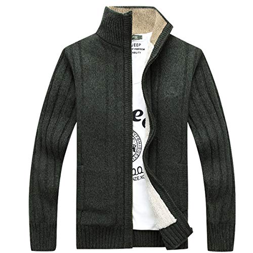ELEFINE Men's Casual Slim Zip Thick Knitted Cardigan Sweaters Jacket with Pockets Green L