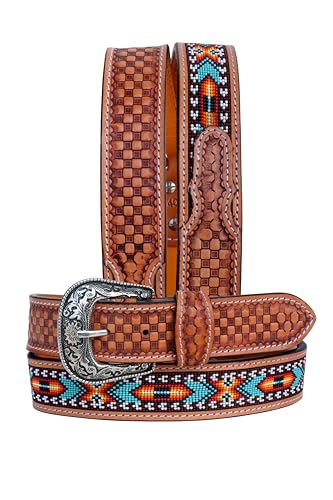 Western Leather Beaded Belt Tooled Leather Beaded Belt For Men and Women 30AB009