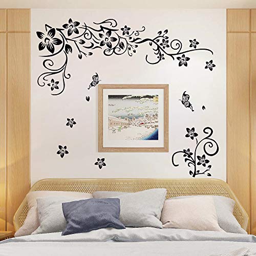 Livegallery Removable Black Vinyl Flowers Wall Decals Diy Flower Vines And Butterfly Wall Stickers Decor Peel Stick Art Decoration For Teens Room Baby Girls Bedroom Living Room Home Wall Corner #TOP2