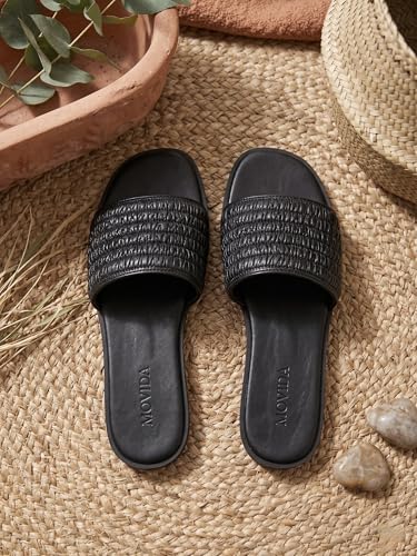 Image of MOVIDA Women's Woven Wide Strap Flat Slide Sandals | Square Toe Slip-On Flats | Stylish Casual Everyday Footwear