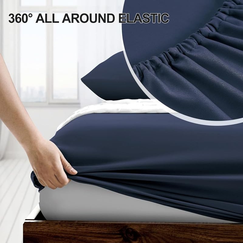 Image of Amazon Brand - Umi Cotton Feel Glace Cotton Fade Resistant Elastic Fitted Queen Size Bed Bedsheet with 2 Pillow Covers Fits Upto 8 inches Mattress, Size- 60x72x10 Inches, Blue