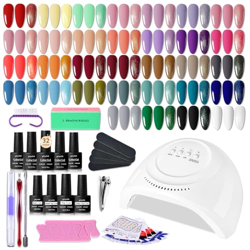 Gel Nail Polish Set 32 Colors Soak Off U V Gel Nail Kit with Lamp - Includes Base & Top Coat Classic Black White Nude Colors DIY Starter Nail Kit for Beginners Home Manicure Set for Women