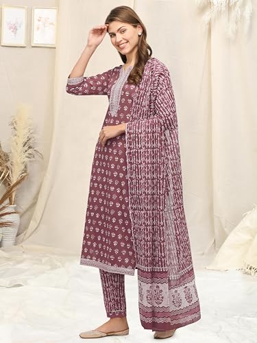 Image of MIRCHI FASHION Pure Cotton Straight Kurta Set with Dupatta | 3 Piece Ethnic Kurta Pant Set Office Wear Salwar Kurta Set for Women