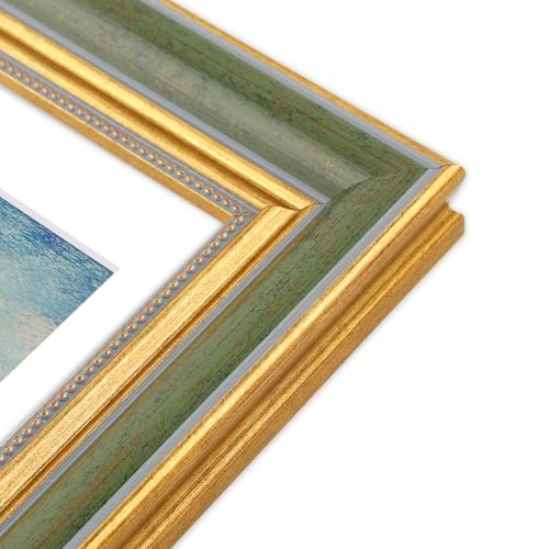 Image of Golden State Art,12x16 Ornate Picture Frame Holds 8x12 Photo,Green Gold | Includes plexiglass front,white mat,build-in hangers and buttons.Displays 8x12 photo on wall