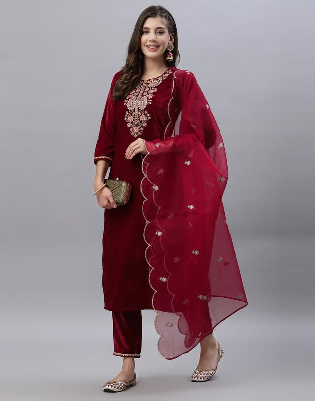 Image of SIRIL Women's Velvet Embroidery Straight Kurta Pant with Dupatta