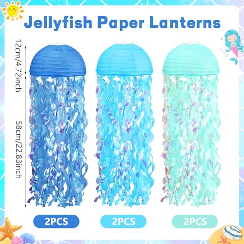 Image of Jellyfish Paper Lanterns 6pcs Under The Sea Party Decorations, Pink Hanging Jelly Fish Paper Lantern for Mermaid Ocean Theme Birthday Party Baby Shower Room Decor