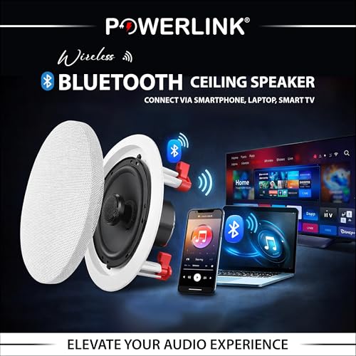 Image of Powerlink TWS2.0 Bluetooth Flush Mount in-Ceiling 2-Way Speaker System Quick Connections Polypropylene Cone & Polymer Tweeter Stereo Sound 60 Watt (30W Each) for Office, Gym, Home Theater (Pack of 2)