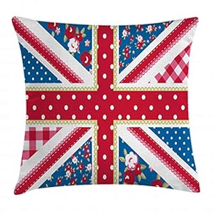 Ambesonne Shabby Flora Throw Pillow Cushion Cover, British Flag in Floral Style Retro Polka Dots Country Culture Inspired, Decorative Square Accent Pillow Case, 16″ X 16″, Blue Pink