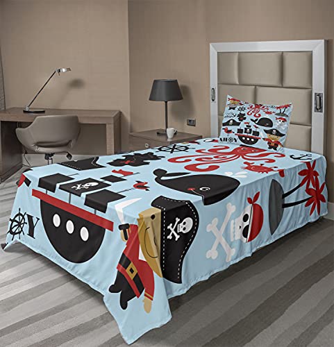 Ambesonne Juego de sábanas pirata, diseño de calavera, pulpo y niño con vestido conceptual, sábana bajera y plana con funda de almohada, juego de 3 piezas, individual, azul y rosa oscuro Cover