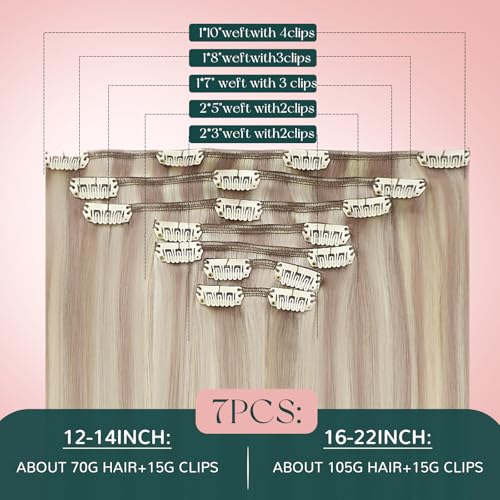 Image of Easyouth Human Hair Clip in Extensions Blonde Highlight, 20 Inch Remy Human Hair Extensions Clip ins, Ash Blonde Highlights Bleach Blonde, Real Hair Clip in Extension, 120g 7pcs, Long Straight Hair