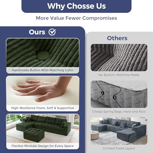 Image of MAXYOYO 132 inch U Shaped Modular Sectional Sofa with 2 Ottomans, Cloud Boneless Couch with Layered Cushion, Flexible Module Combination Sofa for Living Room, No Assembly Required, Dark Green