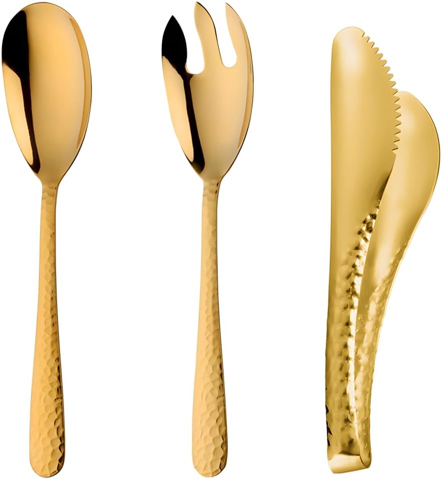 Salad Spoon and Fork Stainless Steel Tong Serving Set, Heavy Duty Hammered Finish Serving Utensils Large Salad Servers for Kitchen Party Buffet Supply (Gold) Salad Spoon and Fork Stainless Steel Tong Serving Set, Heavy Duty Hammered Finish Serving Utensils Large Salad Servers for Kitchen Party Buffet Supply (Gold)