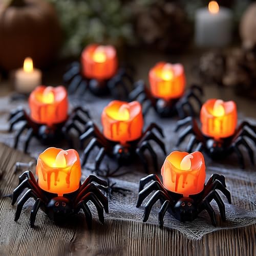Image of Dazzle Bright 12 Pack Halloween Spider Tea Lights Candles, Battery Operated LED Flameless Spider Candles Holder Lights, Spooky Halloween Decorations for Party Table Home Decor
