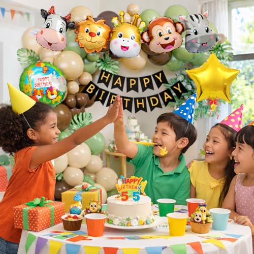 Image of Jungle Safari Birthday Decoration Kit with Balloon Arch Garland, Animal Foil Balloons and Happy Birthday Banner for Kids Birthday Party Decoration - 59 Pcs