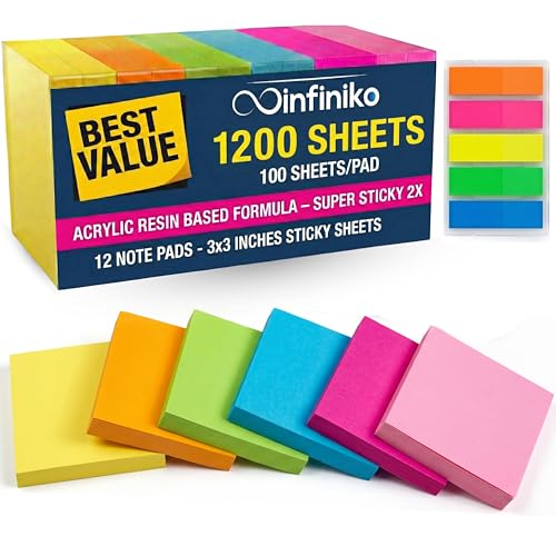 Sticky Notes 3x3, Bright Colorful Stickies, 12 Pads 1200 Sheets Total, Strong...